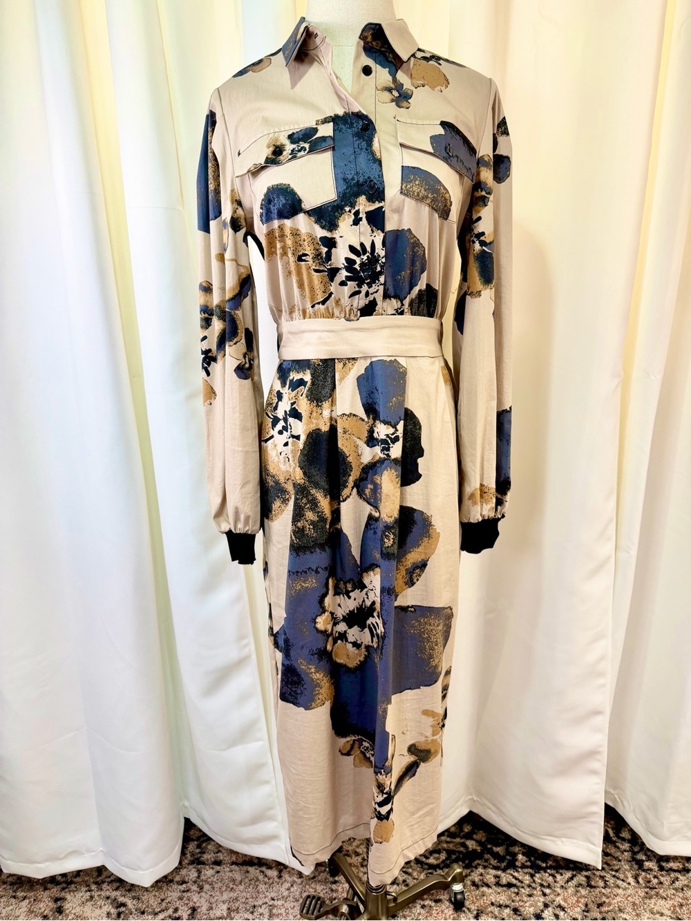 NU Denmark ‘Robina’ Tan Neutral Watercolor Floral Print Midi Dress Size XS